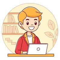 a man is sitting at a desk with a laptop on a white background vector