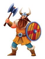 Viking character with tunic, axe, and shield in action pose. Cartoon illustration vector