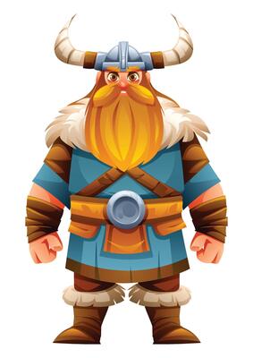 Viking character with tunic, fur, and horns, standing proudly. Cartoon illustration