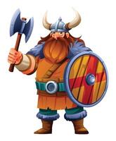 Viking character with axe and shield. Cartoon illustration isolated on white background vector