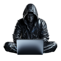 Hooded hacker in black jacket using laptop for cybersecurity and technology png
