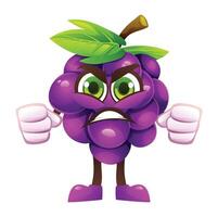 Angry grape character with clenched fists, expressing frustration. Cartoon illustration vector
