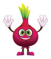 Cheerful onion character with both hands raised, smiling and excited. Cartoon illustration vector