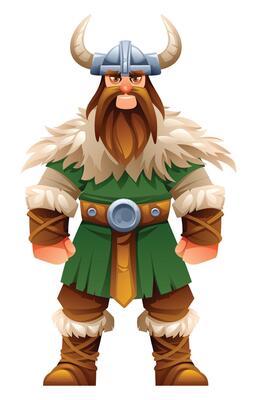 Viking character with green tunic, fur, and horns, standing proudly. Cartoon illustration