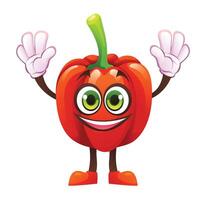 Cheerful red pepper character with both hands raised, smiling and excited. Cartoon illustration vector