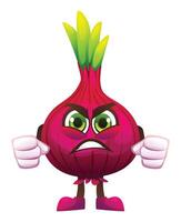Angry onion character with clenched fists, expressing frustration. Cartoon illustration vector