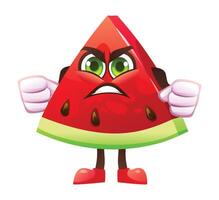 Angry watermelon slice character with clenched fists, expressing frustration. Cartoon illustration isolated on white background vector