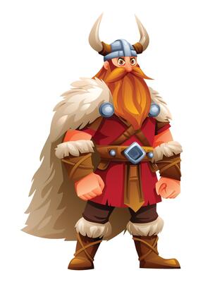 Viking character with red tunic, fur, and horns, standing proudly. Cartoon illustration