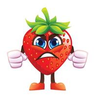 Angry strawberry character with clenched fists, expressing frustration. Cartoon illustration vector