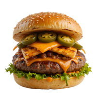 a hamburger with cheese and jalapenos on it png