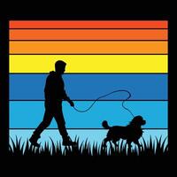 Wirehaired Pointing Griffon Dog Silhouette With Retro Sunset Vintage Background vector