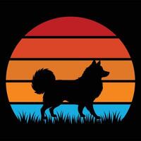 Sunset in Retro Colors with Keeshond Dog Silhouette vector