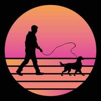 Sunset Over Irish Setter Dog Silhouette in Retro Style vector