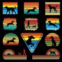 Set of Sunset Retro Design with Redbone Coonhound Dog Silhouette vector