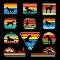 Set of American Foxhound Dog in Silhouette with Retro Sunset Backdrop vector