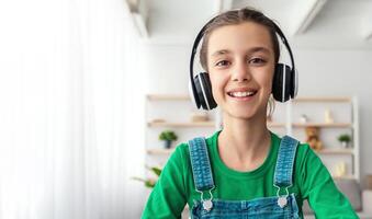 Portrait of cute little girl in headset using laptop, studying online at home, interested happy child typing on keyboard looking at pc screen, watching webinar, online course, webcam point of view photo