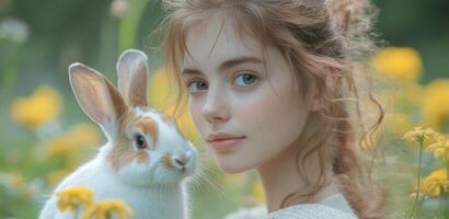 A joyful girl gently poses with a fluffy rabbit in a field filled with colorful wildflowers. Sunlight enhances the serene atmosphere of the scene. photo