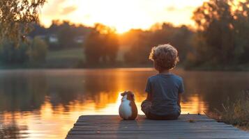 A child sits on a wooden dock near a lake, gazing at a vibrant sunset while a small pet sits beside him, creating a moment of tranquility and connection. photo