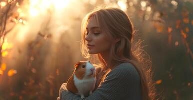 A young woman enjoys a peaceful moment in a forest, gently holding a guinea pig while surrounded by vibrant autumn leaves and soft sunlight filtering through the trees. photo