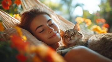 A young girl enjoys a peaceful moment in a hammock, basking in the warmth of the sun while cuddling a cat, all embraced by colorful flowers in a serene garden setting. photo