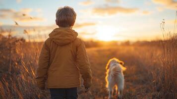 A young boy wearing a warm jacket strolls next to a golden retriever in a field filled with tall grass as the sun sets in the background, creating a peaceful atmosphere. photo