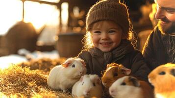 A cheerful young child with a knitted hat interacts with several guinea pigs in a cozy barn. Soft sunlight pours in, creating a warm atmosphere as they enjoy their time together. photo