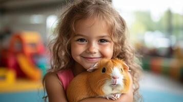 A young girl with curly hair beams joyfully as she cradles a guinea pig in her arms, surrounded by vibrant play structures in an indoor setting. photo