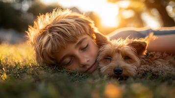 A child lies on soft grass, eyes closed and face relaxed, while a small dog rests its head close. The sun sets, casting a warm glow creating a serene atmosphere in the park. photo