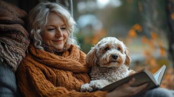 A senior woman dressed in a cozy sweater finds comfort in reading a book while her fluffy dog rests on her lap. Autumn leaves can be seen outside the window, creating a warm atmosphere. photo