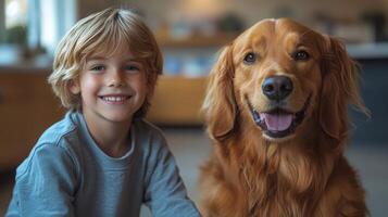 A young boy with wavy blond hair sits beside a golden retriever, both wearing bright smiles. They are in a warm, inviting room filled with natural light and soft furnishings. photo