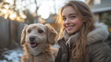 A girl with long hair wears a warm jacket while smiling beside her fluffy dog in a snowy backyard. The sun sets in the background, creating a serene winter vibe. photo