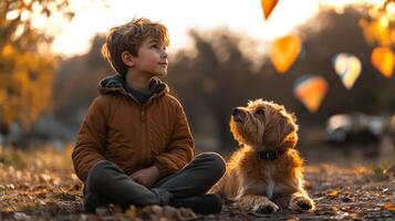 A young boy in a brown jacket sits cross legged next to his dog on the ground, gazing at autumn leaves falling from trees under a warm sunset sky in a serene park. photo