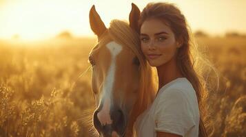 A woman stands closely with her horse in a vast golden field as the sun sets, creating a warm glow that highlights their connection and the serene beauty of nature. photo