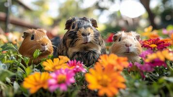 Three adorable guinea pigs enjoy their time in a colorful garden filled with blooming flowers under the warm sunlight, creating a joyful and lively atmosphere. photo
