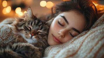 A young woman relaxes with her fluffy cat as they share a cozy moment on a soft blanket, surrounded by warm, gentle light creating a serene atmosphere in the evening. photo