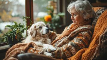 A senior woman sits in a comfortable chair by the window, wrapped in warm blankets while gently stroking her golden retriever, creating a peaceful atmosphere. photo