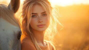 A young woman enjoys a serene moment next to a white horse in a field bathed in warm golden light, capturing the tranquility of nature during sunset. photo