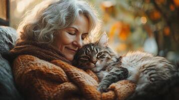 A woman embraces her cat, both looking relaxed and content. The warm environment is enhanced by soft lighting and hints of autumn colors in the background. photo