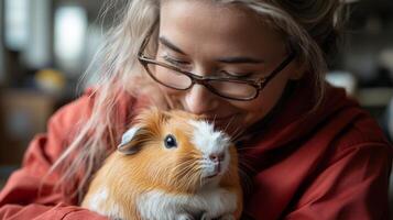 A person with glasses lovingly interacts with a guinea pig, showcasing a tender moment in a warm indoor environment filled with natural light. photo
