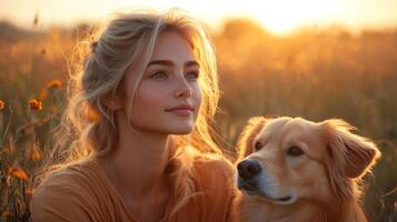 A young woman sits in a blooming flower field alongside her golden retriever, both basking in the warm glow of sunset. Their calm expressions reflect the peaceful connection they share at this moment. photo