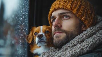 A man with a beard and a warm hat gazes out of a window, while a small dog rests against him, both observing the rain falling outside in a comforting indoor setting. photo