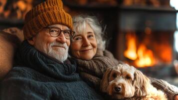 Elderly couple sits comfortably together on a couch, smiling warmly while their dog rests on their laps beside a crackling fireplace in a rustic setting. photo