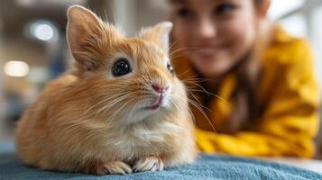 Fluffy orange rabbit sits on a soft surface as a joyful child leans in closer, showing affection in a warm, inviting indoor environment with natural light. photo