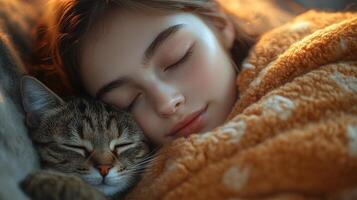 A girl and her cat are peacefully sleeping side by side under a soft, warm blanket. The gentle sunlight bathes them in a serene atmosphere, highlighting their bond. photo