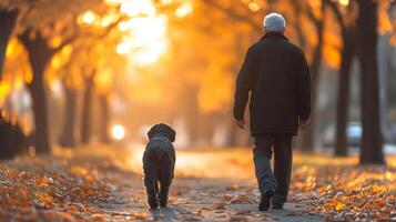 An elderly man strolls alongside his dog in a park during sunset. The park is filled with colorful autumn leaves, creating a peaceful and warm ambiance. photo