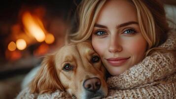 A woman wrapped in a thick sweater cuddles her golden retriever as they relax by a crackling fireplace, enjoying quality moments together in the warmth of home. photo