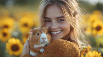 A joyful young woman smiles brightly while holding a guinea pig close to her face, surrounded by sunflowers under a clear blue sky during a warm late summer day. photo