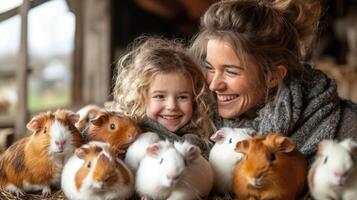 A happy child with curly hair sits closely beside an adult, both smiling joyfully while surrounded by friendly guinea pigs on a farm during a sunny day. photo