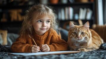 A child with long curly hair focused on drawing with a pencil, sits beside a fluffy orange cat in a comfortable indoor space filled with warm sunlight, creating an intimate atmosphere. photo
