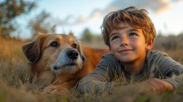A young boy and his golden retriever lay comfortably in the grass, gazing at the sky during a serene sunset. The warm sunlight enhances their joyful expressions. photo
